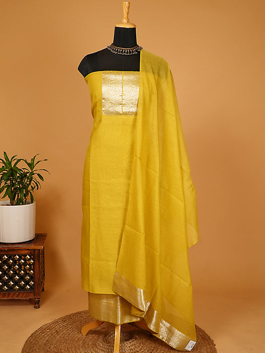 Mustard Yellow Pure Mul Chanderi Banarasi Suit Set with Silver Zari