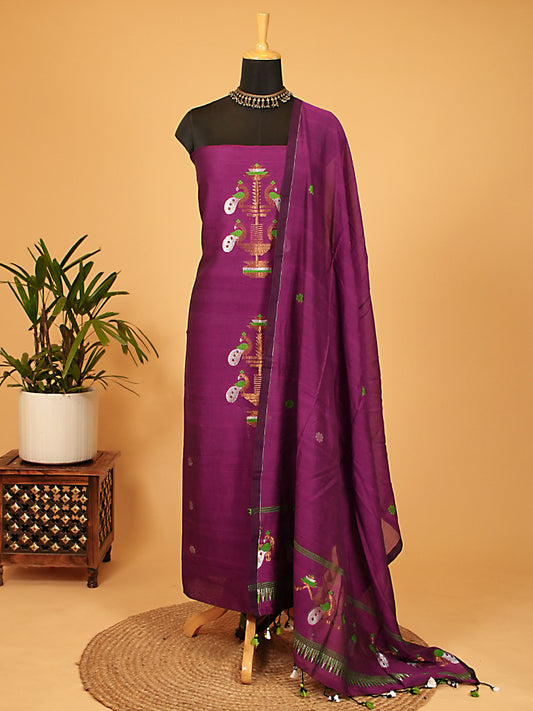 Purple Handloom Cotton Needle Jamdani Weaving 2-Piece Suit Set