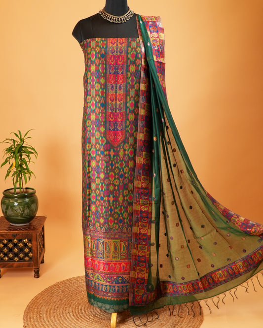 Dark Green-Multicolour Mulberry Silk Suit Set With Jamawar Handweaving