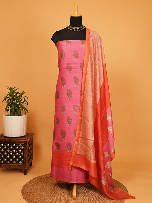 Pink Printed Maheshwari Silk Suit Set with Orange Dupatta