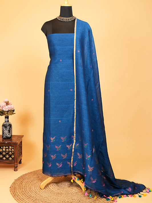 Blue Jayshree Linen Jamdani Suit with Multicolour Bird Motifs