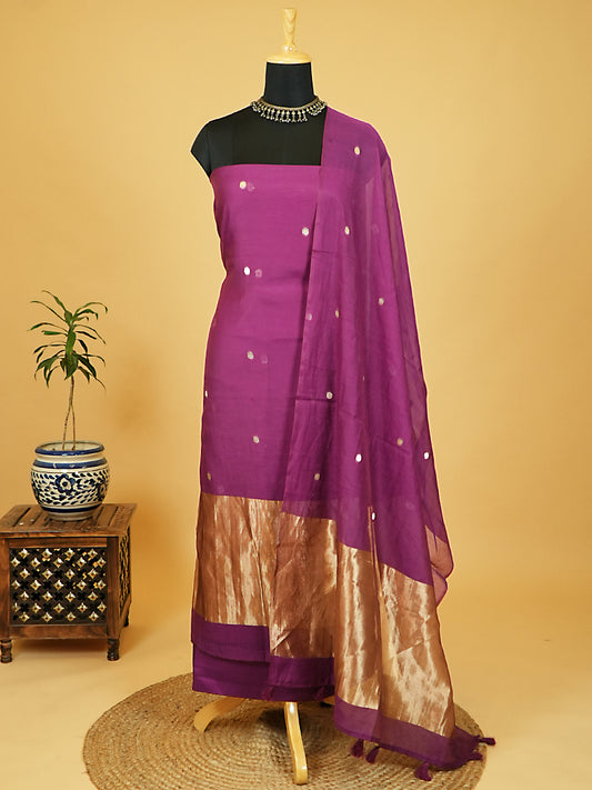 Purple Pure Mul Chanderi Suit with Polka-Style Banarasi Weaving