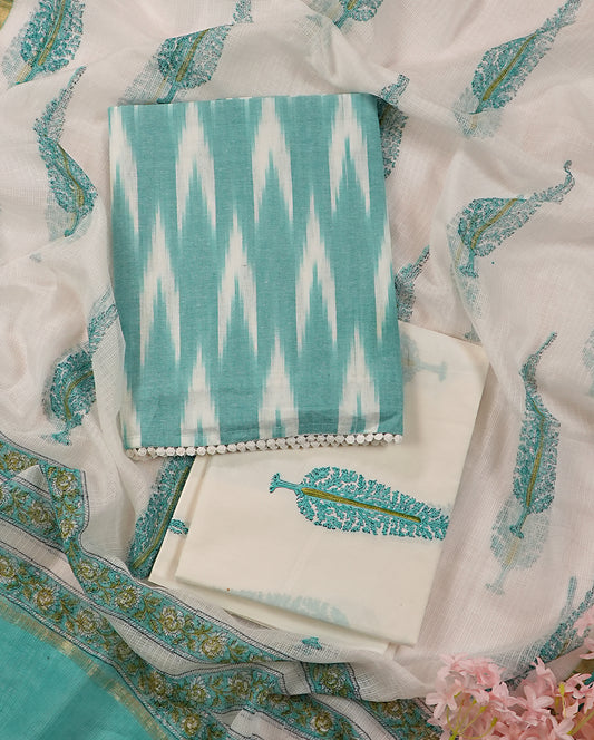 Ikat Print Turquoise Handloom Cotton Suit Set