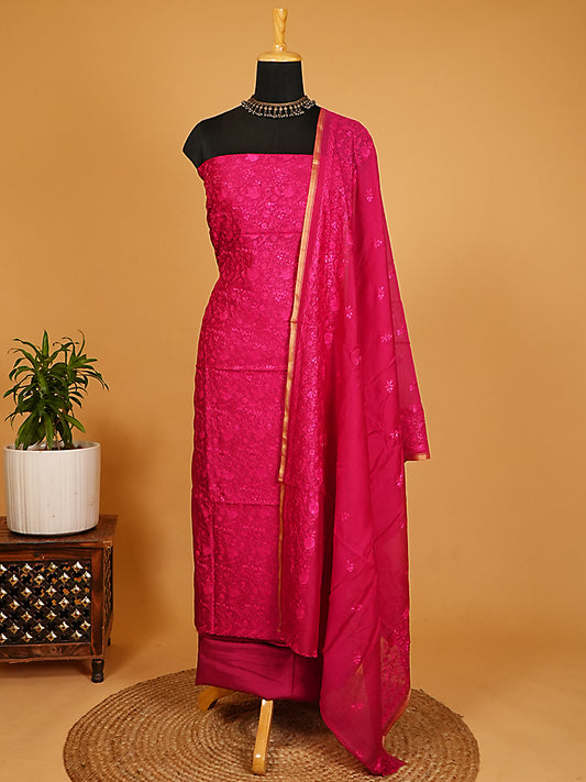 Rani Pink Maheshwari Silk Tonal Embroidered Suit Set