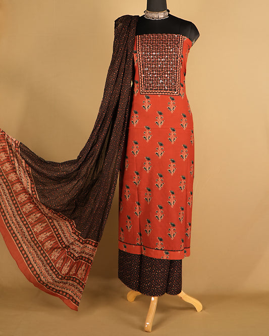 Red Handloom Cotton Handblock Print Suit Set