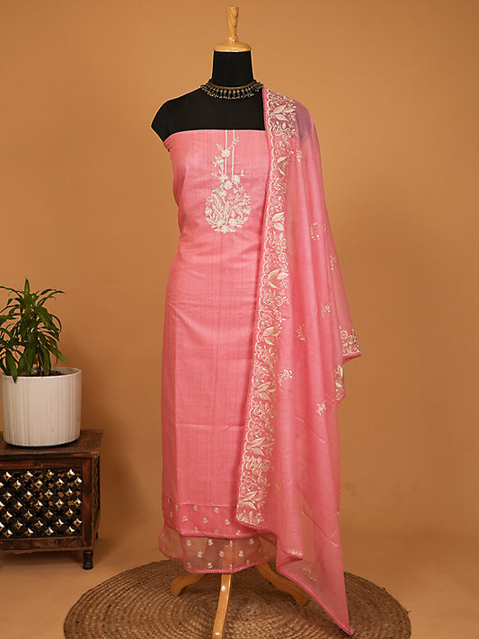 Soft Rose Pink Chanderi Silk Hand Embroidered Suit Set with Lace Details