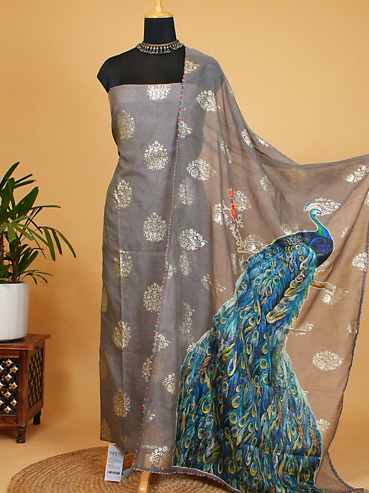 Grey Chanderi Silk Foil Print Suit Set