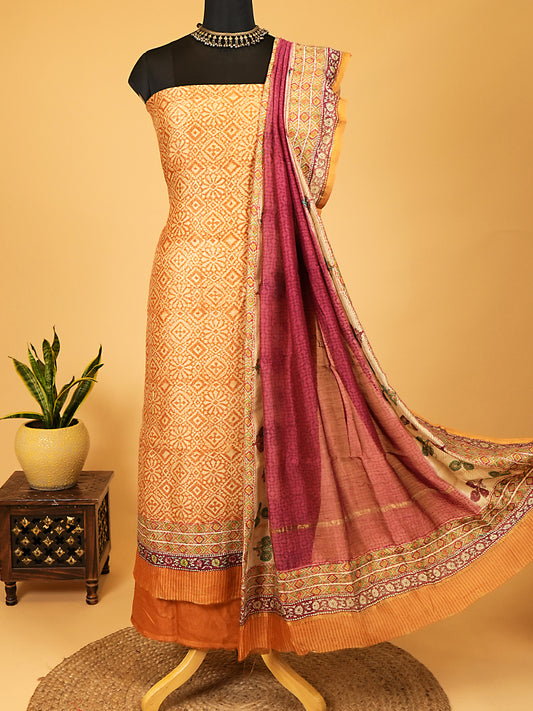 Mustard Maheshwari Silk Suit with Multicolour Floral Border