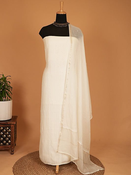 Ivory Mul Chanderi Lakhnavi Suit Set with Pearl & Thread Work