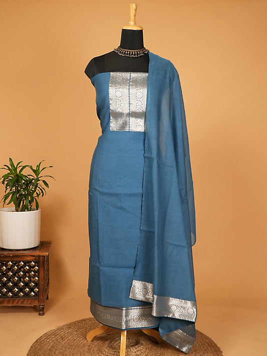 Steel Blue Pure Mul Chanderi Banarasi Suit Set with Silver Zari