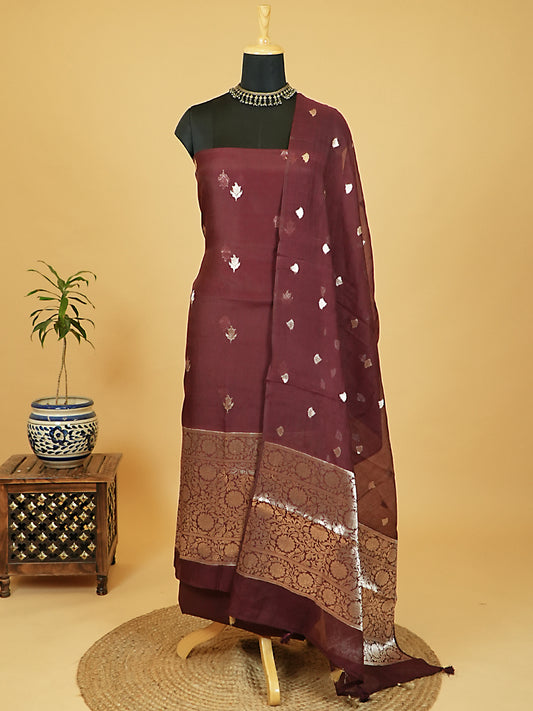 Dark Brown Pure Mul Chanderi Banarasi Suit