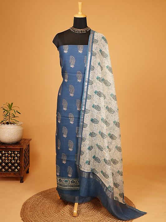 Blue Printed Mul Chanderi Suit Set