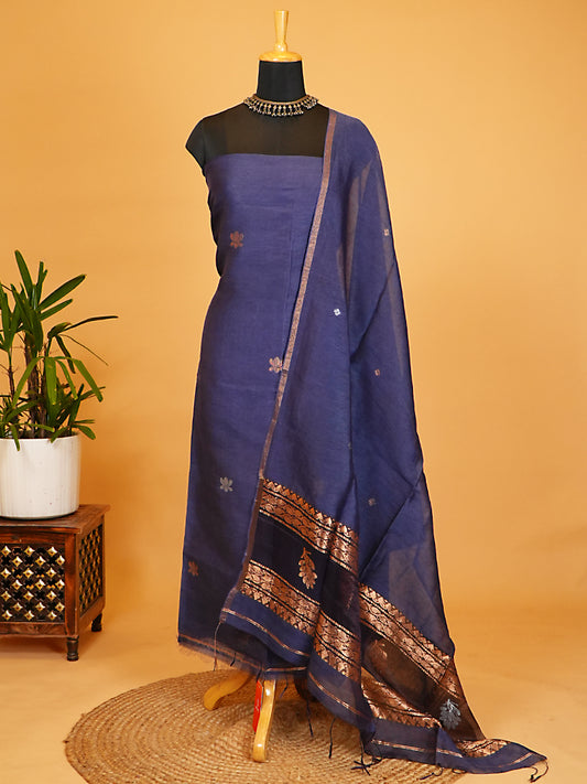 Navy Blue Pure Linen Silk Jamdani 2-Piece Suit Set