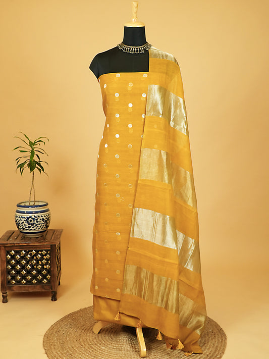 Yellow Pure Mul Chanderi Suit with Polka-Style Banarasi Weaving