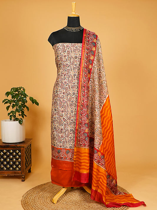 Rust & Orange Mul Chanderi Paisley Print Suit Set