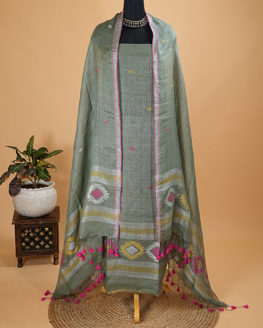 Light Grey Linen Tissue Jamdani Handwoven Suit Set