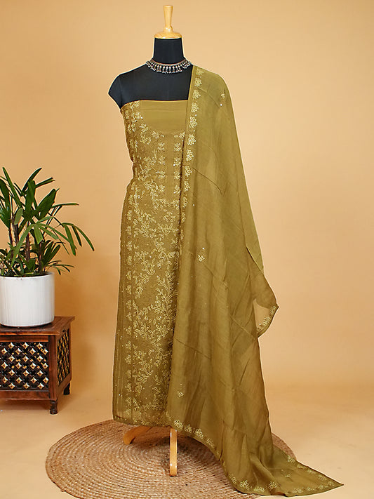 Olive Green Soft Mul Chanderi Kantha Stitch Suit Set