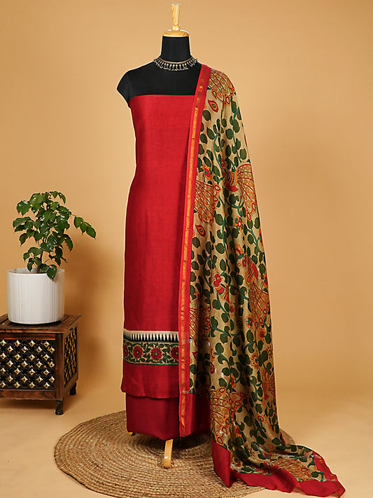 Red Maheshwari Silk Suit with Artistic Dupatta