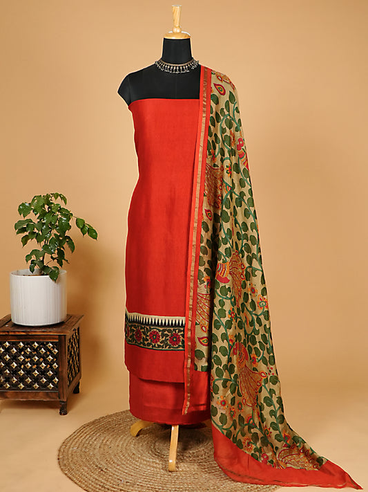 Burnt Orange Maheshwari Silk Suit with Artistic Dupatta
