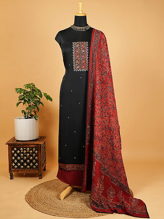 Black Modal Silk Suit Set with Ajrakh Dupatta