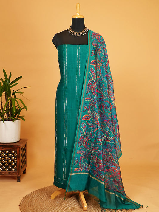 Teal Green Maheshwari Silk Kantha Stitch Suit Set