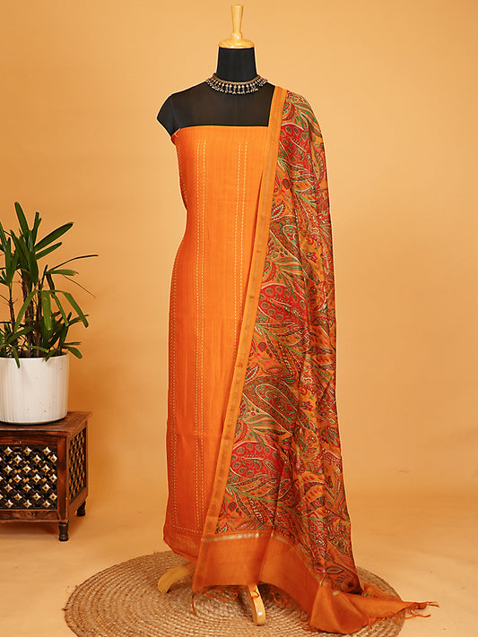 Mustard Maheshwari Silk Kantha Stitch Suit Set