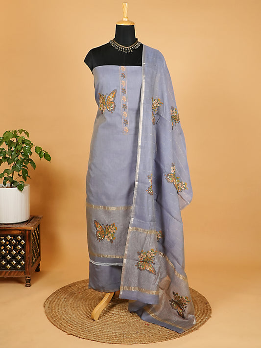 Lavender Mul Chanderi Suit Set with Butterfly Embroidery