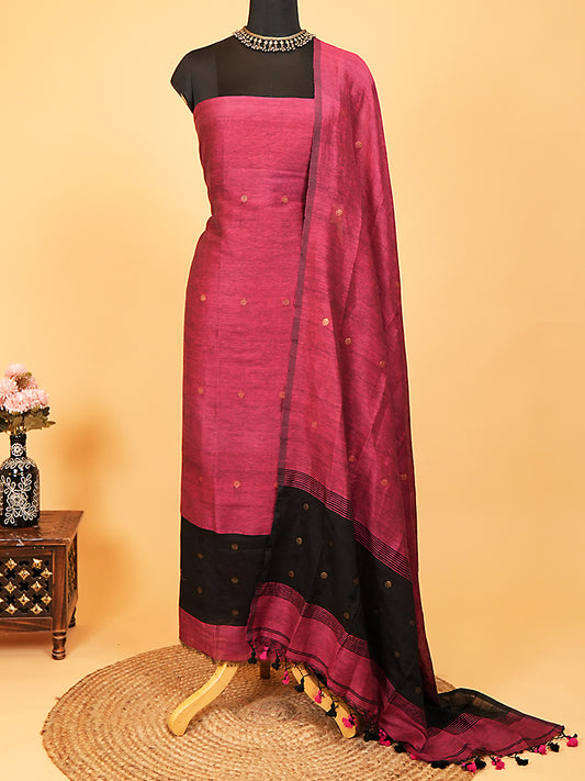 Wine Pink Jayshree Linen Jamdani Suit with Black Contrast Border