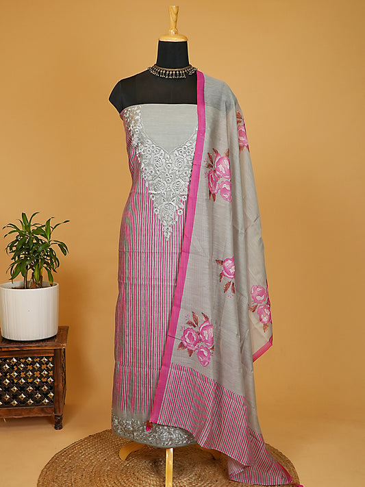 Grey & Pink Striped Chanderi Silk Embroidered Suit Set