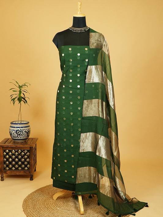 Dark Green Pure Mul Chanderi Suit with Polka-Style Banarasi Weaving