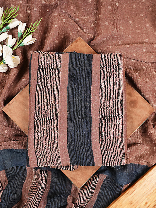 Earthy Mocha & Indigo Broad Stripe Organic Ajrakh Crushed Linen Silk 2-Pc Suit Set