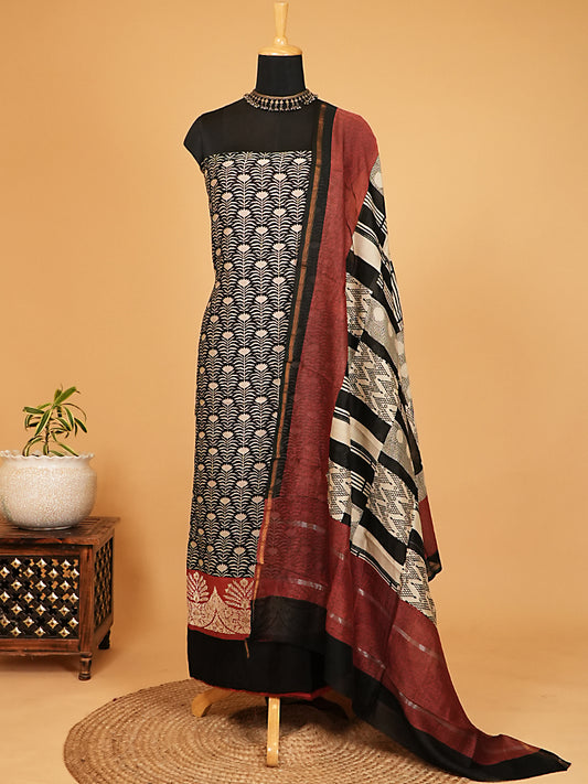Rich Brown Printed Maheshwari Silk Suit Set