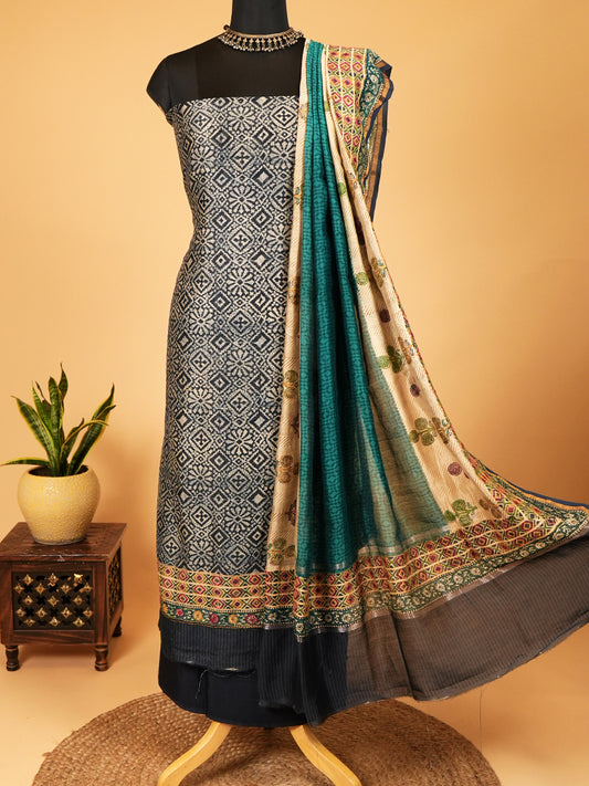 Dark Blue Maheshwari Silk Suit with Multicolour Floral Border