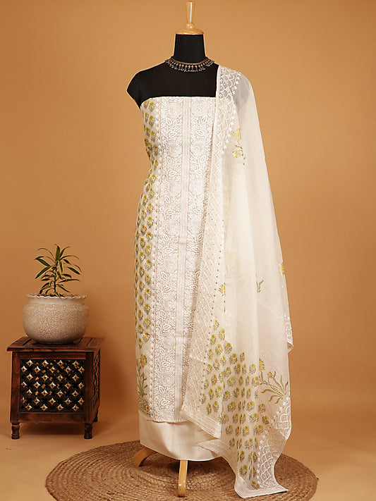 White & Green Chanderi Silk Chikankari Suit Set