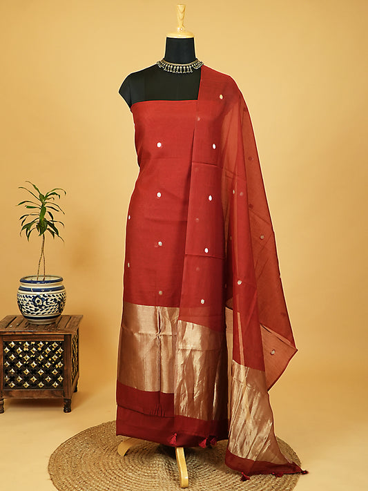Maroon Pure Mul Chanderi Suit with Polka-Style Banarasi Weaving