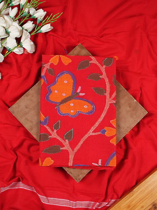 Red Handloom Cotton Jamdani Weaving 2-Piece Suit Set