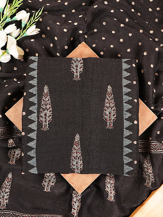 Classic Black Tree Motif Organic Ajrakh Crushed Linen Silk 2-PcSuit Set
