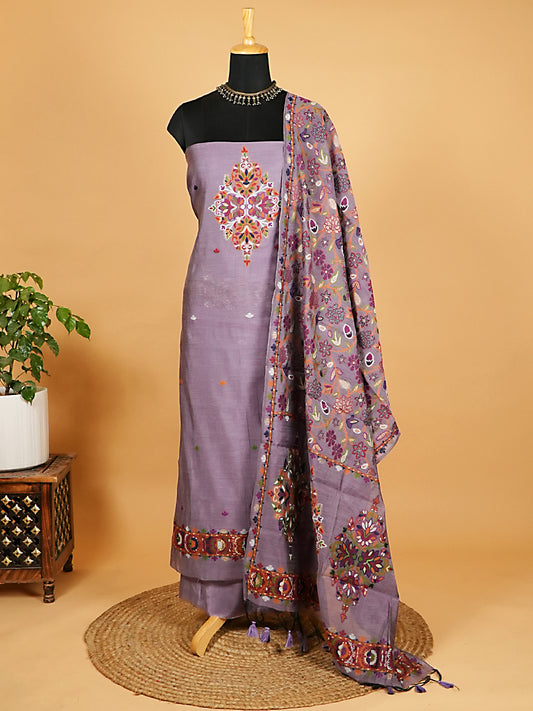 Dusty Lavender Chanderi Silk Suit Set with Multicolour Jamdani Weaving