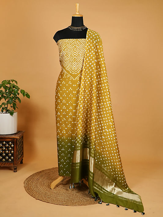 Mustard and Green Pure Mul Chanderi 2 Piece Suit Set