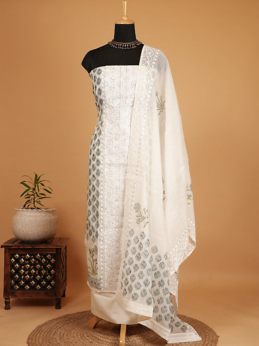 White & Blue Chanderi Silk Chikankari Suit Set