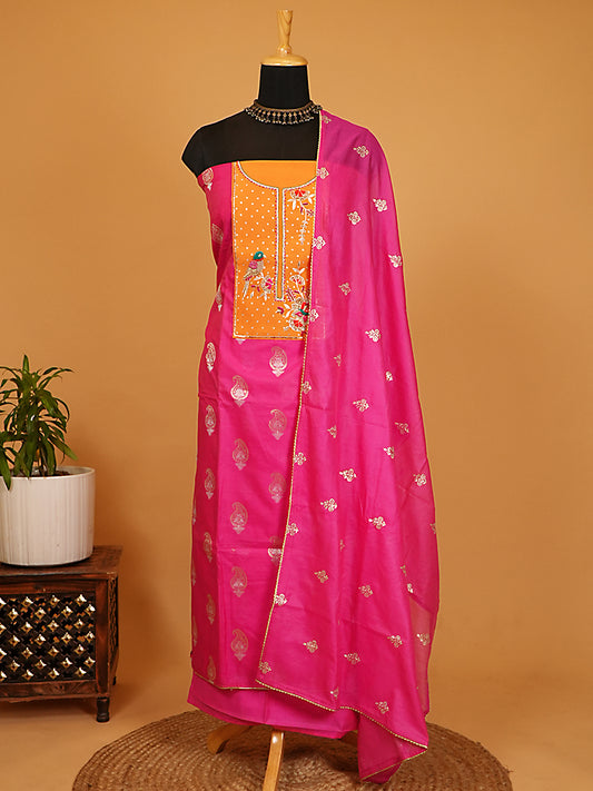 Vibrant Rani Pink & Mustard Chanderi Silk Hand Embroidered Suit Set