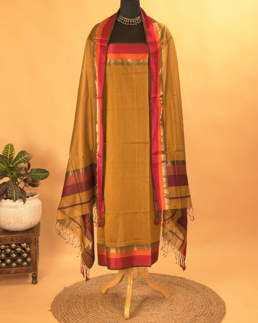 Mustard Maheshwari Silk Multi-Coloured Border Suit Set