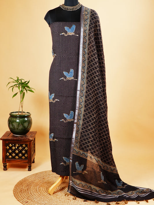 Navy Blue Ajrakh Dyed Handloom Linen Suit With Printed Birds