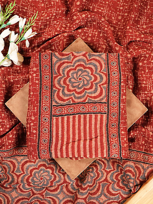 Rich Brick Red Striped Organic Ajrakh Crushed Linen Silk 2-Pc Suit Set