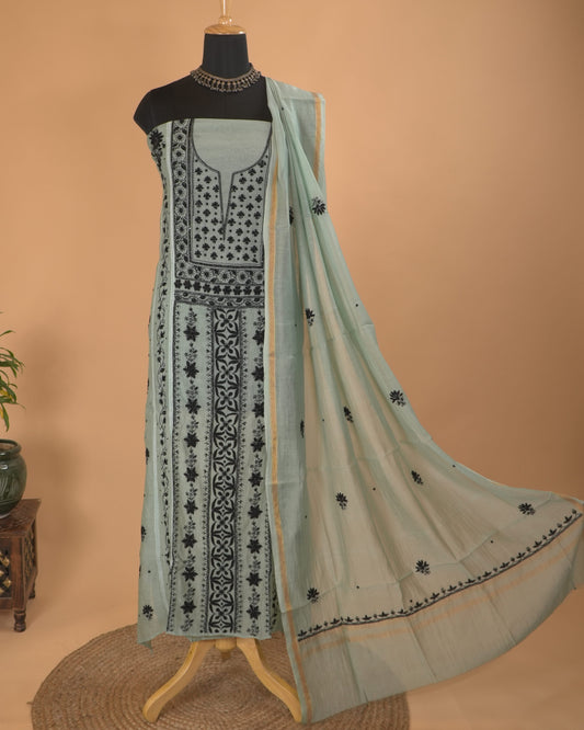 Light Sea Green Mul Chanderi Lucknowi Handwork Suit Set