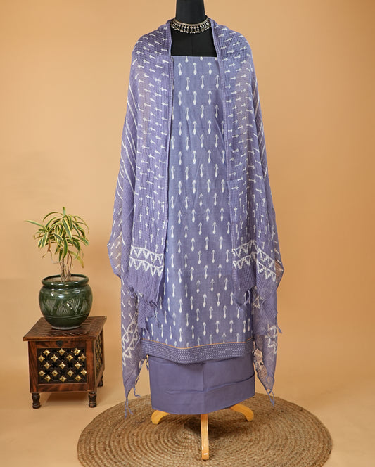 Bluish Purple Handloom Cotton Ikat Print Suit Set