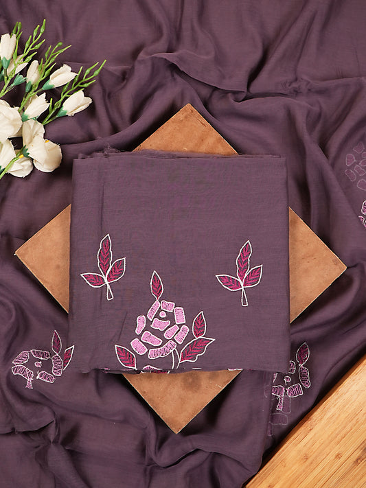 Deep Plum Purple Mul Chanderi Floral Threadwork Embroidered Suit Set