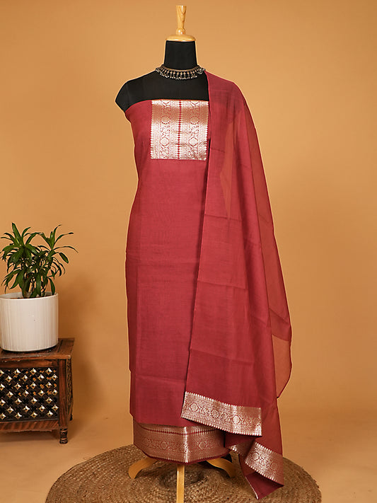 Maroon Pure Mul Chanderi Banarasi Suit Set with Silver Zari