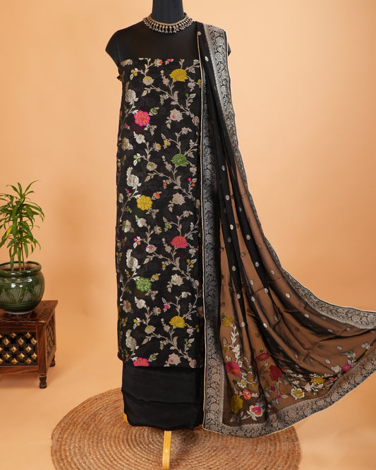 Black Multicolour Georgette Khaddi Silk Suit Set