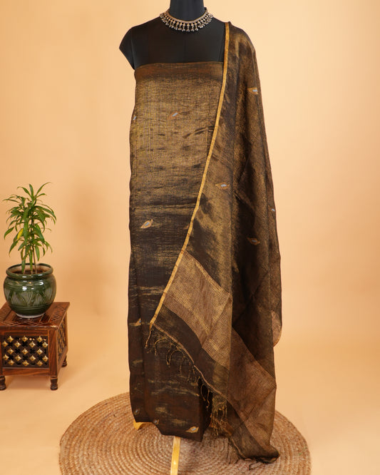 Jamdani Olive Green Linen Tissue Suit Set